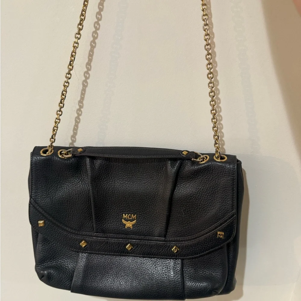 MCM Black Pebbled Leather Studded Flap Shoulder Bag w/ Chain Strap Vintage rare